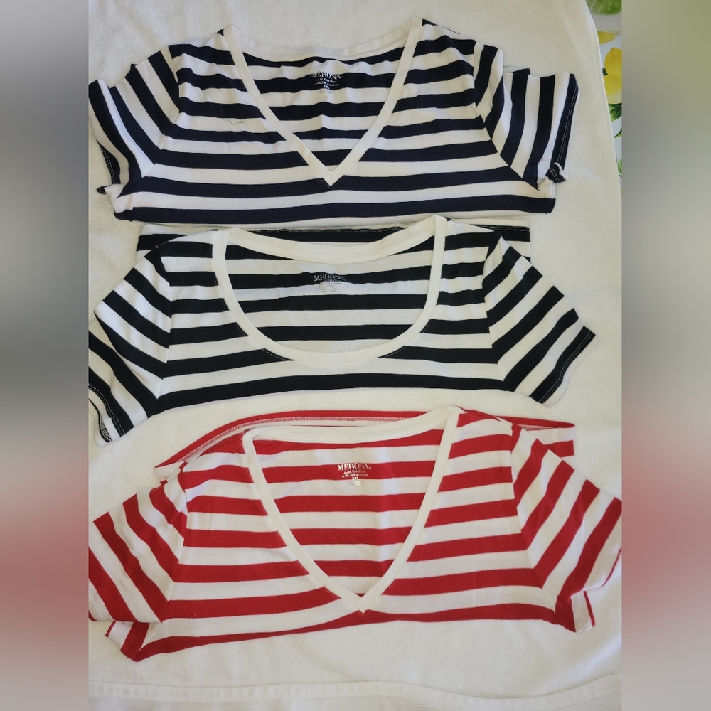 Merona Striped T-shirts Lot Of 3 Black, Navy, Red XXL